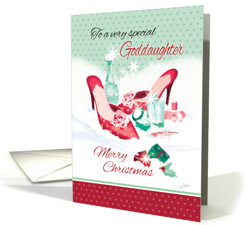 Christmas, Goddaughter - Red Ladies Shoes with Perfume in Snow card