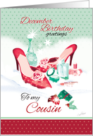 December, Birthday, Cousin - Red Ladies Shoes with Perfume in Snow card
