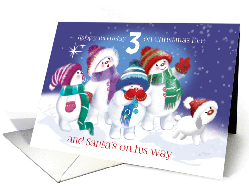 Age 3 Birthday, Christmas Eve-Snow Babes & Snow Puppy spot Santa card