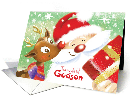 Godson, Christmas- Cute Reindeer & Santa with Present card (1335780)
