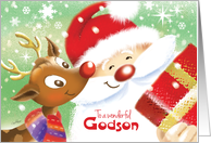 Godson, Christmas- Cute Reindeer & Santa with Present card