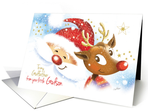 To Godfather, from Godson, at Christmas - Cute Reindeer & Santa card