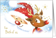 From Both of Us, - Cute Reindeer & Santa Smiling at Each Other card