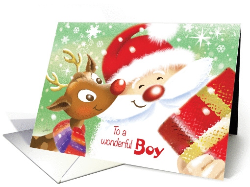 Boy, Christmas - Cute Little Reindeer & Santa with Present card