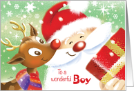 Boy, Christmas - Cute Little Reindeer & Santa with Present card