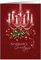 Season’s Greetings, Elegant Red Christmas Chandelier with Holly card