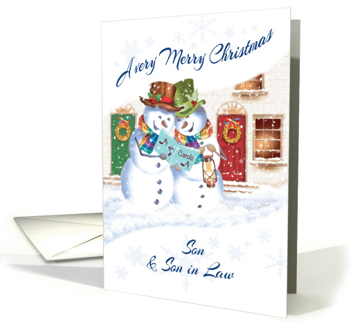 Gay, Christmas, to Son & Son in Law. 2 Carol Singing Snowman card