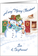 Gay, Christmas, to Son & Boyfriend. 2 Carol Singing Snowman card