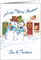 Gay, Christmas, to Son & Partner. 2 Carol Singing Snowman card