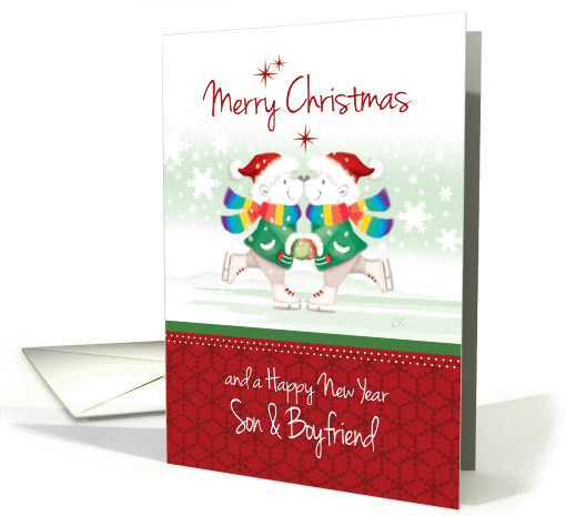 Gay, Christmas, Son & Boyfriend. 2 Polar Bears Ice Skate Together card