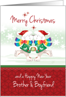Gay, Christmas, Brother & Boyfriend. 2 Polar Bears Ice Skate Together card