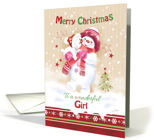 Christmas, For a Little Girl. Cute Snow Girl Hugs her Snow Puppy card