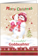 Christmas, For Goddaughter. Cute Snow Girl Hugs her Snow Puppy card