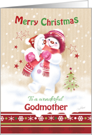 Christmas, For Godmother. Cute Snow Girl Hugs her Snow Puppy card