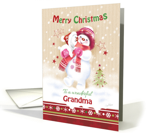 Christmas, For Grandma. Cute Snow Girl Hugs her Snow Puppy card
