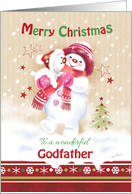 Christmas, For Godfather. Cute Snow Girl Hugs her Snow Puppy card
