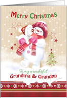 Christmas, Grandma & Grandpa. Cute Snow Girl Hugs her Snow Puppy card