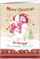 Christmas, Dad. Cute Snow Girl Hugs her Snow Puppy card