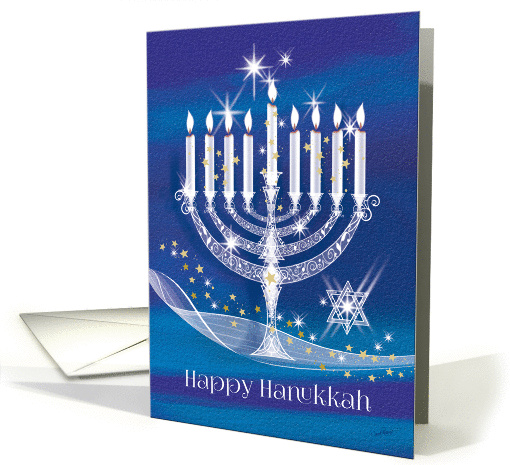 Happy Hanukkah. Elegant White Glass-effect, 9 Branched Menorah card