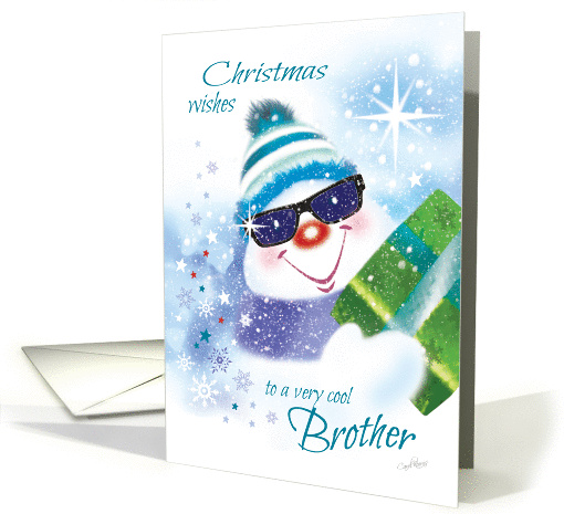 Christmas, Brother - Cool Snowman in Sunglasses with Present card