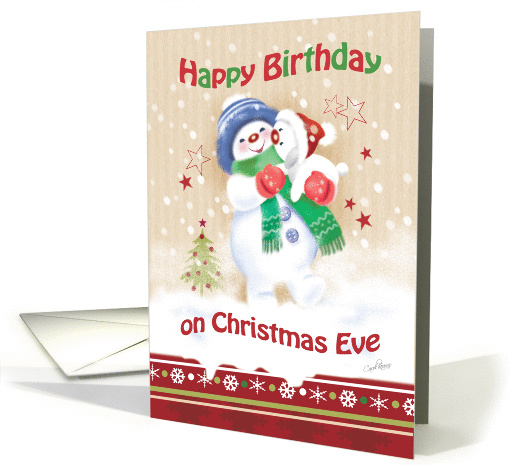 Birthday, Christmas Eve, Blue - Snow Child carrying Snow Puppy card