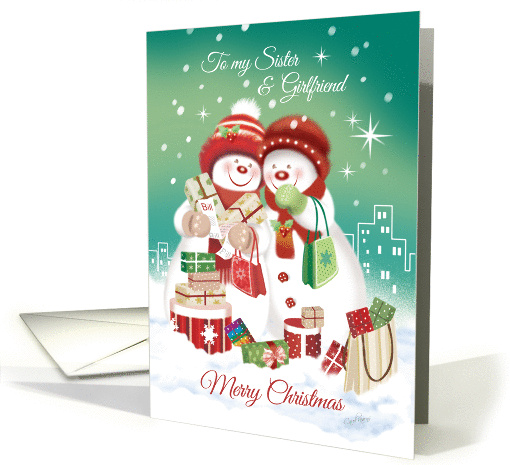 Lesbian, Christmas, Sister & Girlfriend -Two Snow Women Shopping card