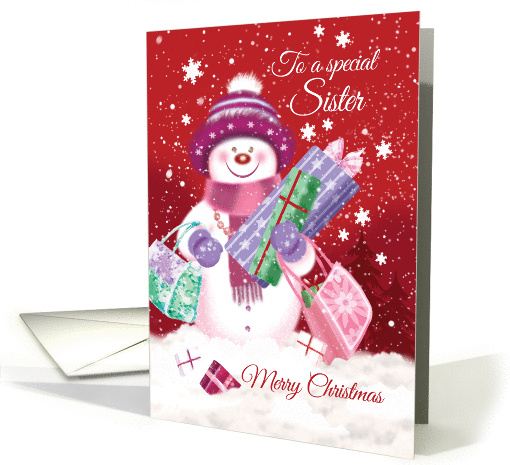 Christmas, Sister - Cute Snow Women Shopping with Presents card