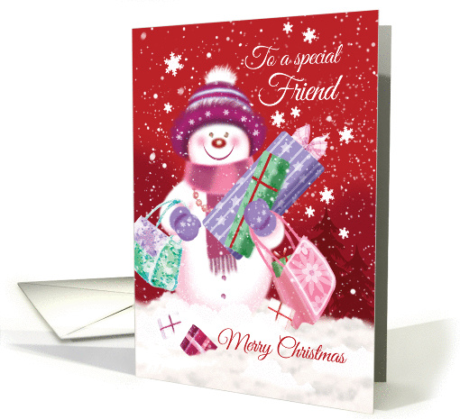 Christmas, Friend- Cute Snow Women Shopping with Presents card