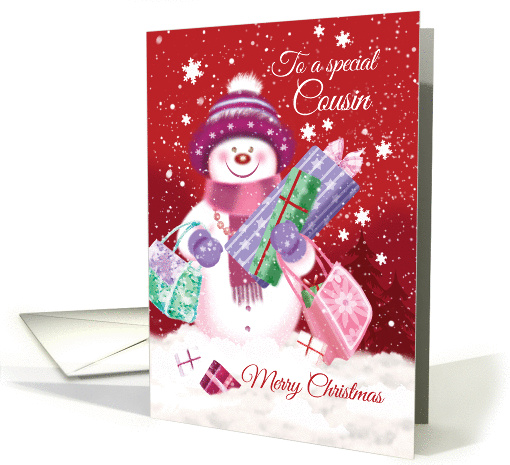 Christmas, Cousin- Cute Snow Women Shopping with Presents card