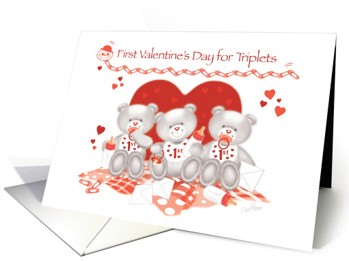 1st Valentine's Day, Triplets-3 Cute Teddies sit in front... (1351996)