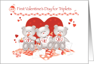 1st Valentine’s Day, Triplets-3 Cute Teddies sit in front of Big Heart card