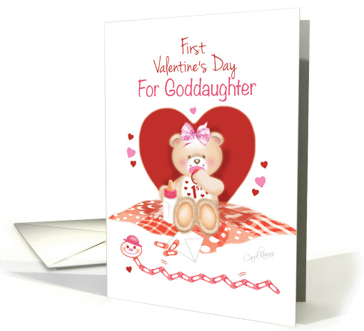 Goddaughter, 1st Valentine's Day-Teddy Sits against Red Heart card