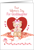 Goddaughter, 1st Valentine’s Day-Teddy Sits against Red Heart card
