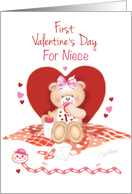 Niece, 1st Valentine’s Day-Teddy Sits against Red Heart card