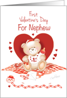 Nephew, 1st Valentine’s Day-Teddy Sits against Red Heart card