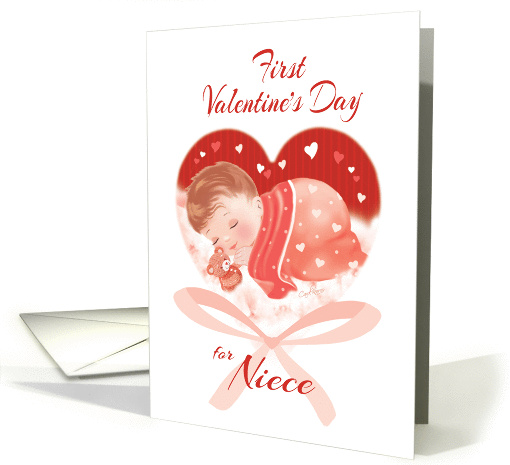 1st Valentine's Day, Niece - Heart with Cute Baby Asleep inside card