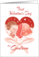 1st Valentine’s Day, Godson - Heart with Cute Baby Asleep inside card