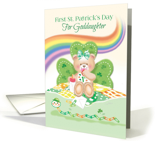 1st St. Patrick's Day, Goddaughter -Teddy Sitting by Shamrock card