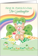 1st St. Patrick’s Day, Goddaughter -Teddy Sitting by Shamrock card