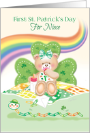 1st St. Patrick’s Day, Niece -Teddy Sitting by Shamrock card