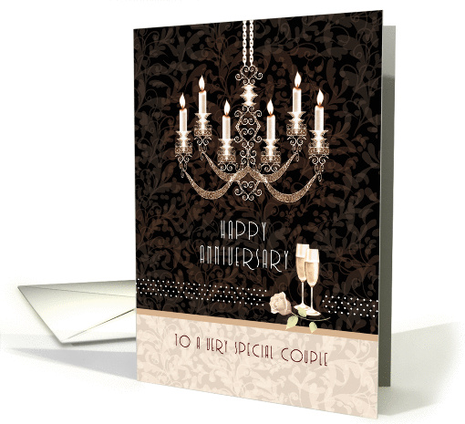 Sepia Wedding Anniversary, Stylish Chandelier, Champagne & Rose card