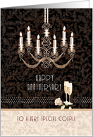 Sepia Wedding Anniversary, Stylish Chandelier, Champagne & Rose card