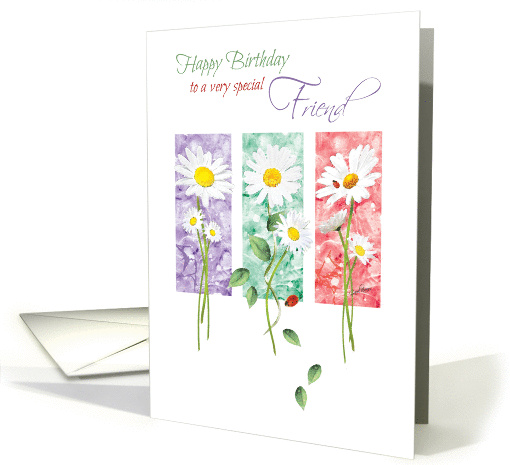 Birthday, Friend, 3 Long Stem Daisies On Color Panels... (1372930)