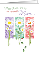 Mother’s Day, Mom. 3 Long Stem Daisies On 3 Color Panels. card