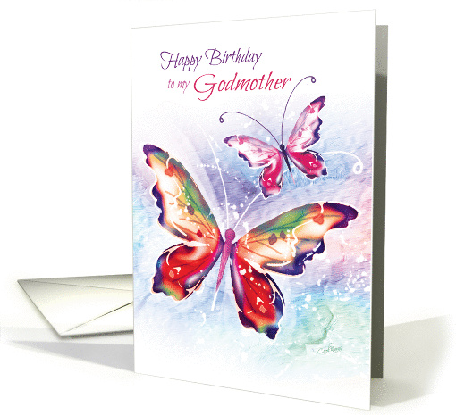 Birthday, Godmother - 2 Colorful Butterflies on Soft Water-color card