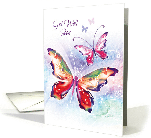 Get Well Soon - 2 Colorful Butterflies on Soft Water-color card