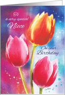 Birthday, Niece, 3 Vibrant Tulips on Water-Color Background card