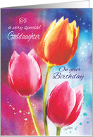 Birthday, Goddaughter, 3 Vibrant Tulips on Water-Color Background card