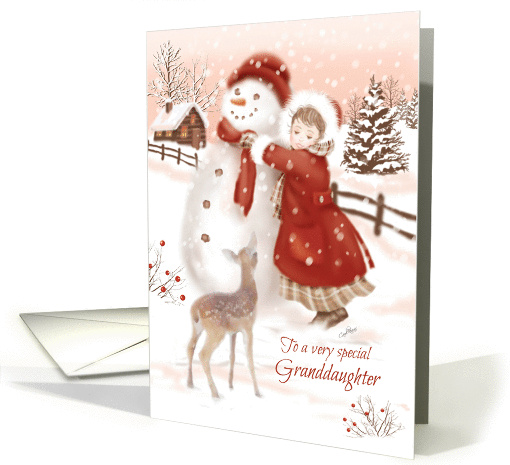 Christmas, Granddaughter, Deer Watches Girl Make Snowman, Vintage card