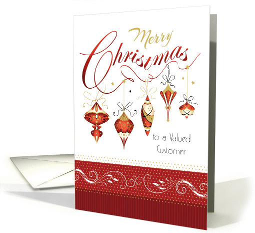 Christmas, Business, Valued Customer, five hanging Ornaments card